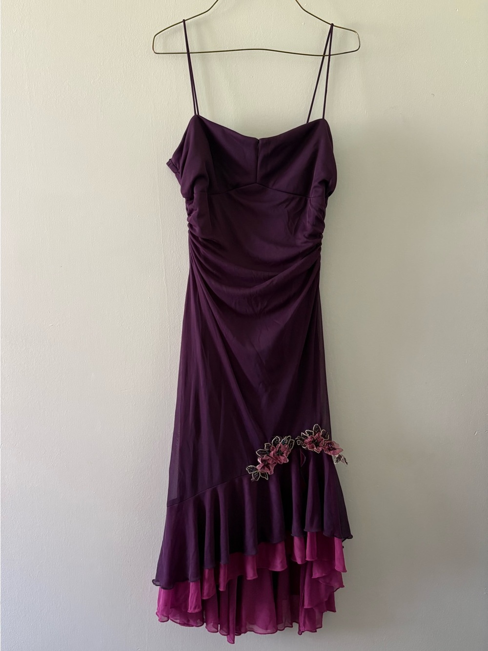 City Triangles Purple asymmetrical Slip Dress with Pink Ruffle Trim and floral